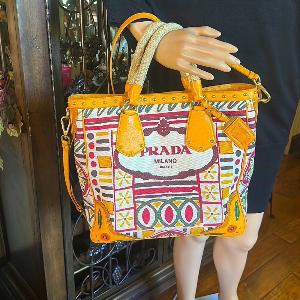 RARE Posh Authenticated Stunning Large Prada Canvas Stampada Tote Bag